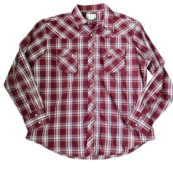 Wrangler Wrancher Red and White Plaid Pearl Snap Long Sleeve Button Down Size XL - Picture 1 of 7